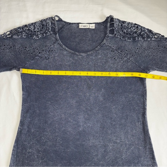 Cato Blue Stone Wash Long Sleeve Top Ribbed Crochet Detail Shoulders Rhinestones - Picture 6 of 15